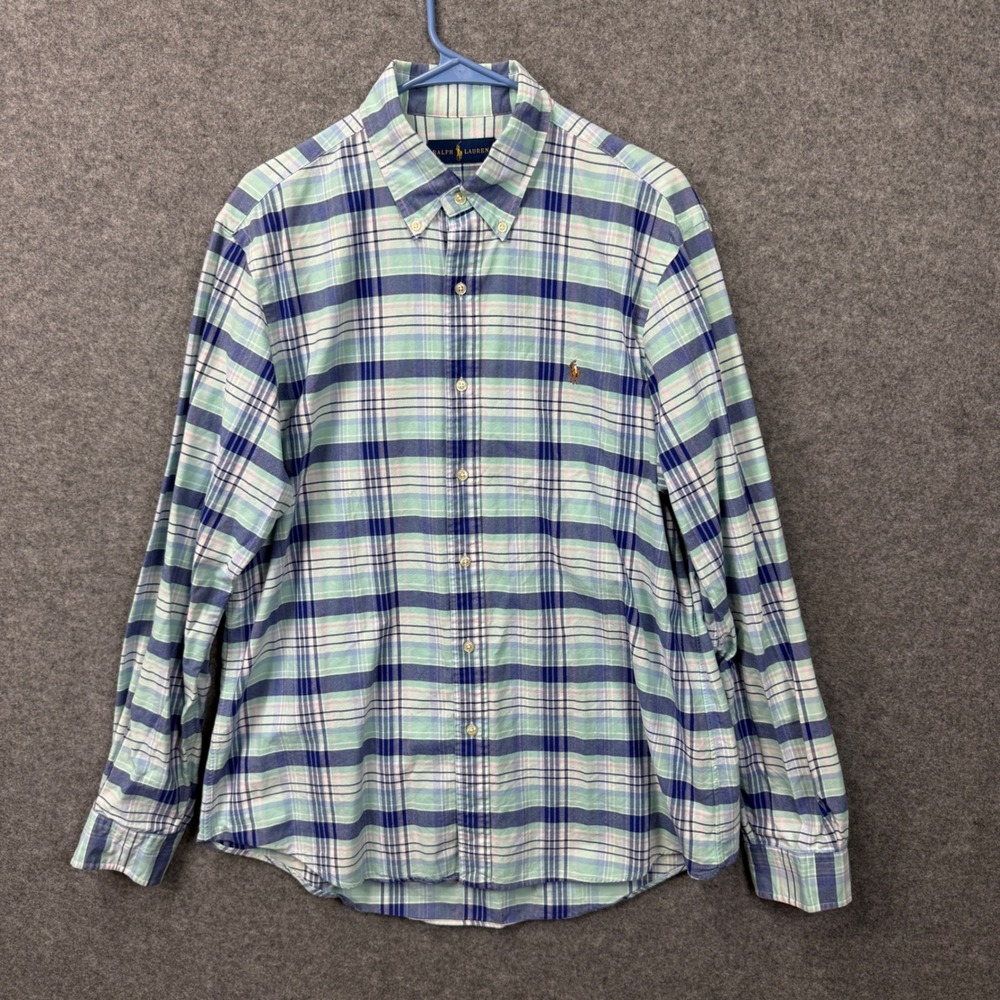 Ralph Lauren Mens Large Plaid Button Down Shirt Blue Green Long Sleeve Cotton‎